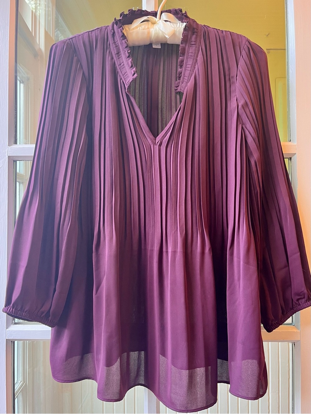 J. Jill Plum Pleated V-Neck Ruffle Poet Blouse in a Rich Burgundy Purple